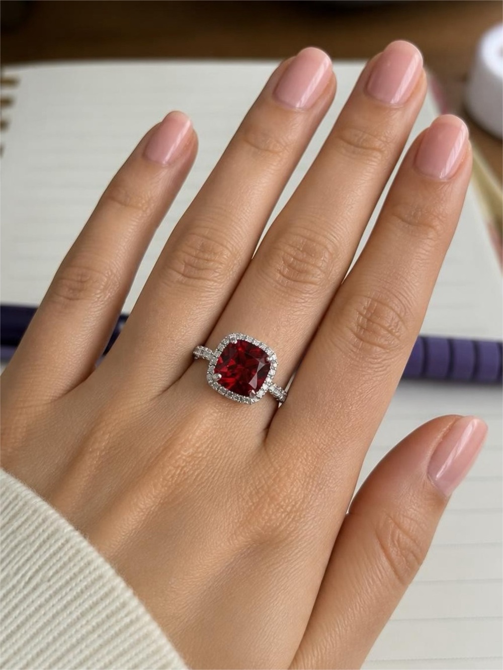 Charter Club Silver Ring with Deep Red Cushion Center and Halo